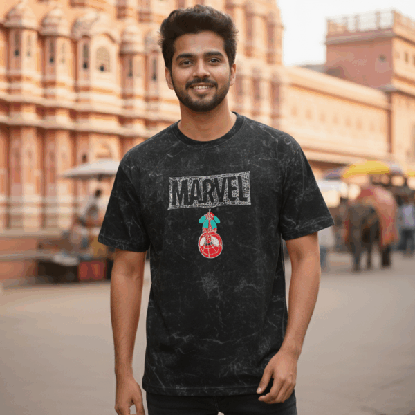 Marvel Logo & Spidey Ornament Acid Wash T-Shirt for Men