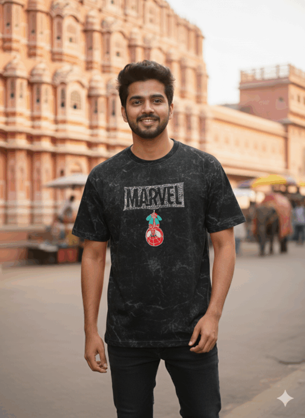 Marvel Logo & Spidey Ornament Acid Wash T-Shirt for Men