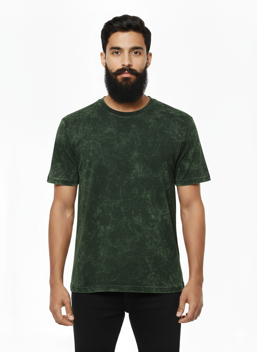 Distressed Forest Green T-Shirt: Vintage Acid Wash Crew Neck Tee