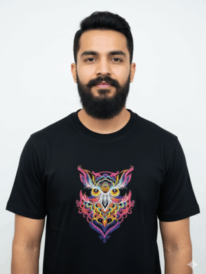 Psychedelic Owl T-Shirt: Vibrant, Embroidered Black Tee