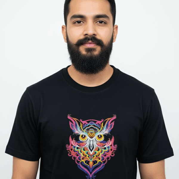 Psychedelic Owl T-Shirt: Vibrant, Embroidered Black Tee