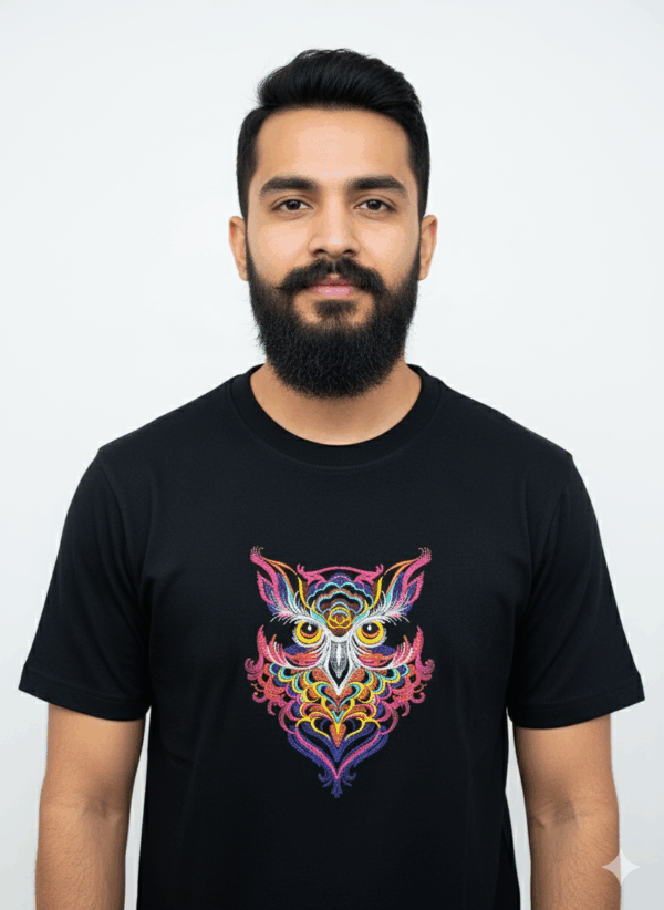 Psychedelic Owl T-Shirt: Vibrant, Embroidered Black Tee