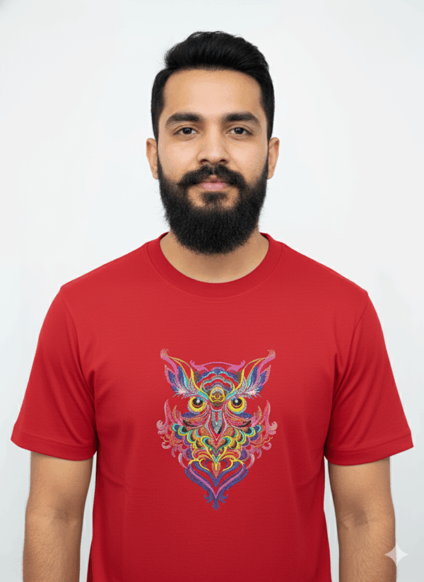 Psychedelic Owl T-Shirt: Vibrant, Embroidered Black Tee