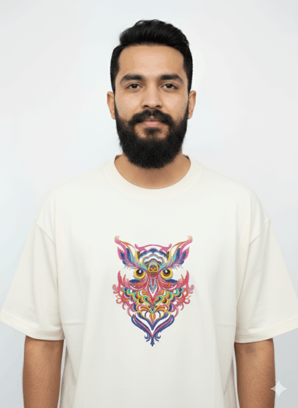 Psychedelic Owl T-Shirt: Vibrant, Embroidered Black Tee
