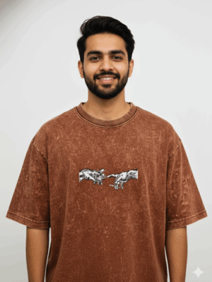 The Creation Touch – Brown Acid Wash Embroidered Oversized T-Shirt