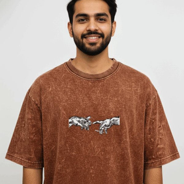 The Creation Touch – Brown Acid Wash Embroidered Oversized T-Shirt