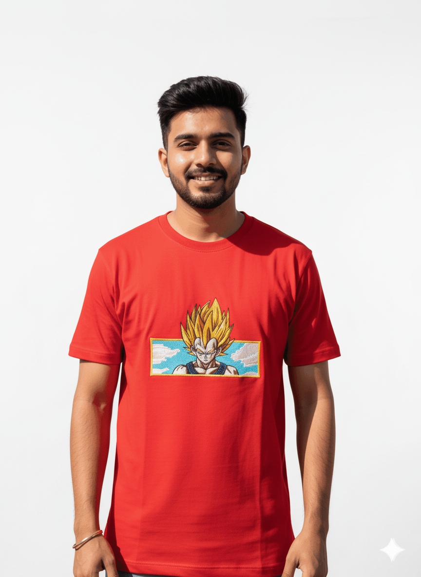 Super Saiyan Vegeta Embroidered Red T-shirt | Men's Dragon Ball Z Anime Apparel
