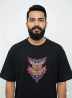 Psychedelic Owl T-Shirt: Vibrant, Embroidered Black Tee