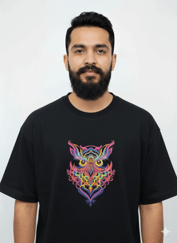 Psychedelic Owl T-Shirt: Vibrant, Embroidered Black Tee