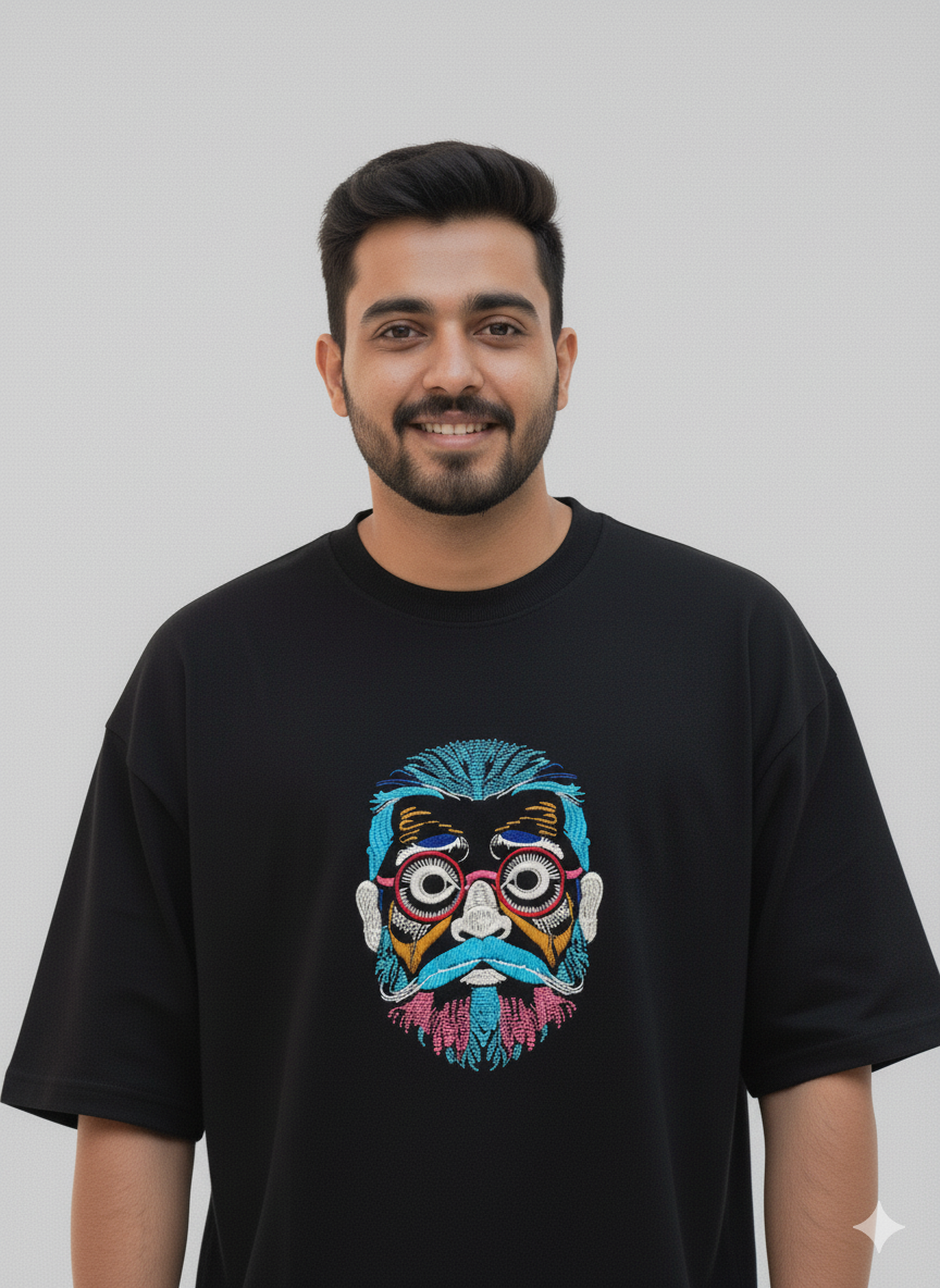 Urban Funk" Abstract Face Embroidered Oversized Black T-shirt | Men's Streetwear