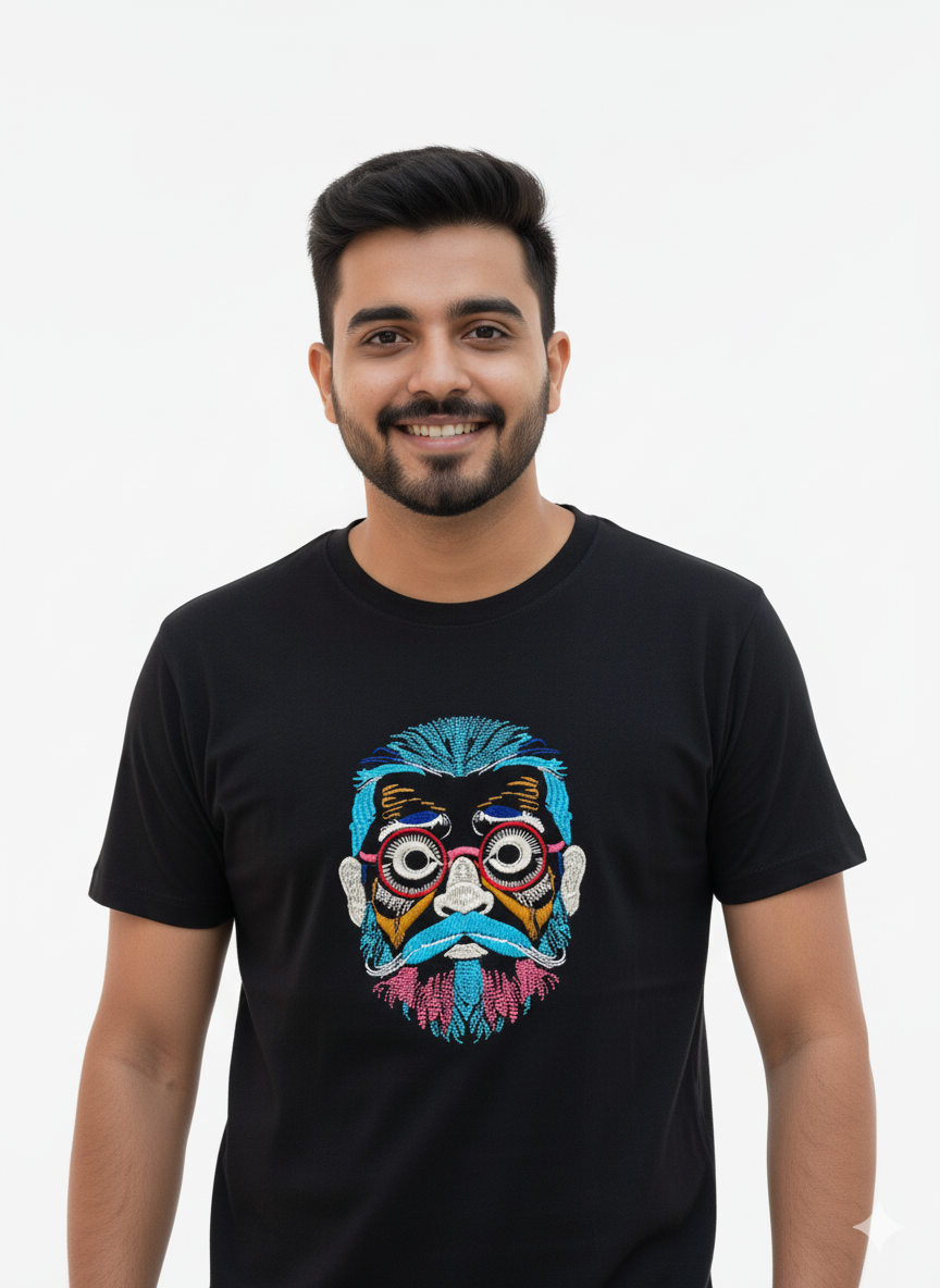 Urban Funk" Abstract Face Embroidered Oversized Black T-shirt | Men's Streetwear