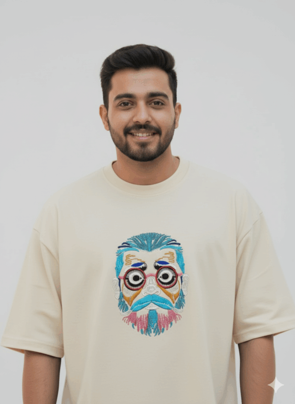 Urban Funk" Abstract Face Embroidered Oversized Black T-shirt | Men's Streetwear