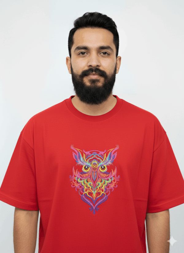 Psychedelic Owl T-Shirt: Vibrant, Embroidered Black Tee