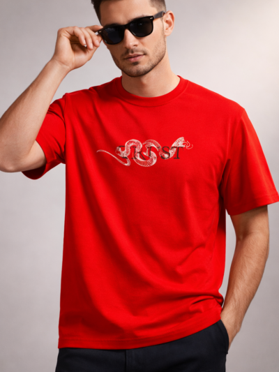Red Graphic Snake Print T-Shirt for Men | Premium Cotton Stylish Casual Tee