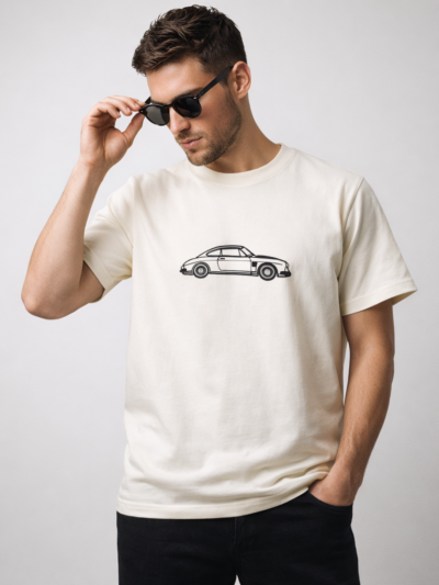 Beige Car Graphic T-Shirt for Men | Minimal Premium Cotton Casual Tee