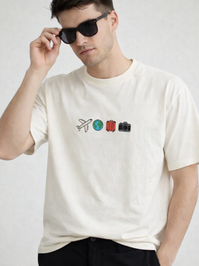 Beige Travel Graphic T-Shirt for Men | Airplane Globe Camera Print Casual Tee
