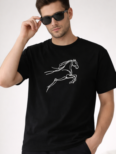 Black Horse Line Art T-Shirt for Men | Minimal Graphic Premium Cotton Casual Tee