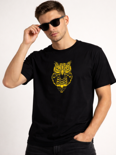 Black Owl Graphic T-Shirt for Men | Golden Print Premium Cotton Casual Tee