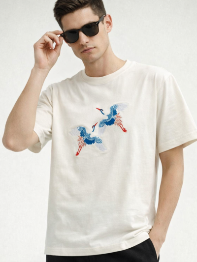 Beige Crane Bird Graphic T-Shirt for Men | Minimal Artistic Cotton Casual Tee