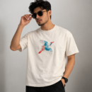 Beige Crane Bird Graphic T-Shirt for Men | Minimal Artistic Cotton Casual Tee