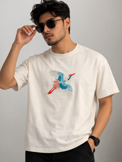 Beige Crane Bird Graphic T-Shirt for Men | Minimal Artistic Cotton Casual Tee