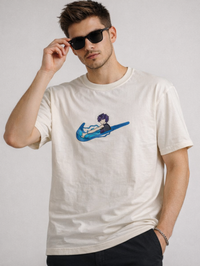 Beige Anime Graphic T-Shirt for Men | Minimal Character Print Cotton Casual Tee