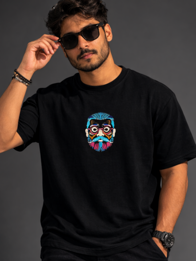 Black Abstract Face Graphic T-Shirt for Men | Colorful Artistic Cotton Casual Tee