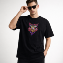 Black Neon Owl Graphic T-Shirt for Men | Colorful Artistic Cotton Casual Tee