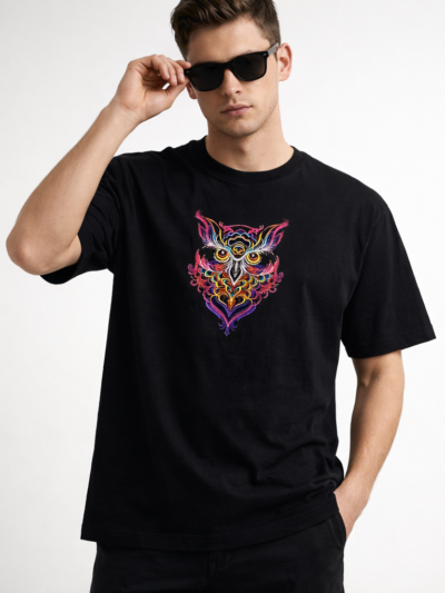 Black Neon Owl Graphic T-Shirt for Men | Colorful Artistic Cotton Casual Tee