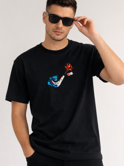 Black Fire and Water Graphic T-Shirt for Men | Minimal Artistic Cotton Casual Tee