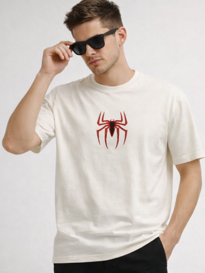 Beige Spider Graphic T-Shirt for Men & Women | Minimal Red Print Cotton Casual Tee