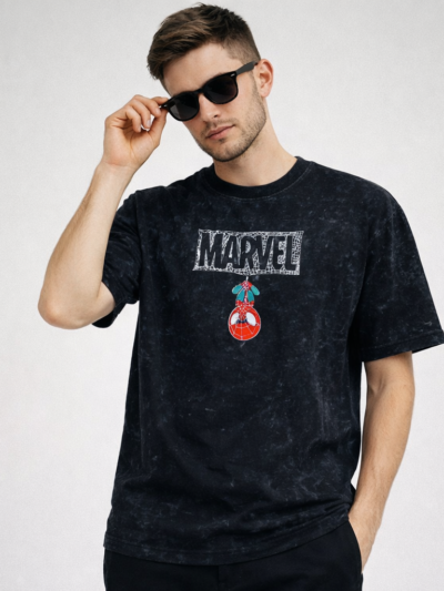 Black Acid Wash Marvel Spider Graphic T-Shirt for Men | Premium Cotton Streetwear Tee