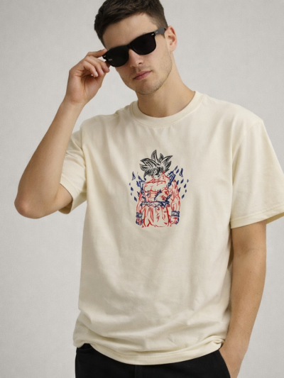 Beige Anime Warrior Graphic T-Shirt for Men | Minimal Cotton Casual Streetwear Tee