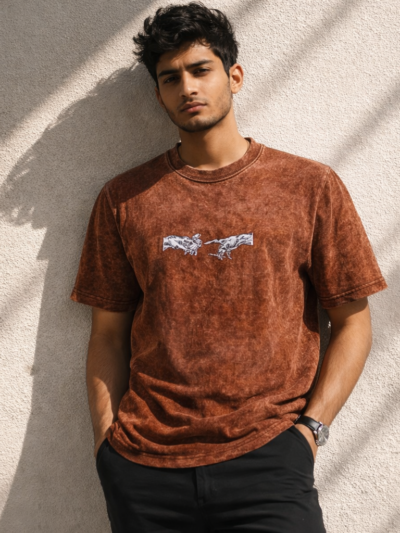 Brown Acid Wash “Creation Hands” Graphic T-Shirt | Vintage Aesthetic Cotton Tee for Men & Women