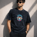 Black Acid Wash Abstract Face Graphic T-Shirt | Funky Streetwear Cotton Tee for Men & Women