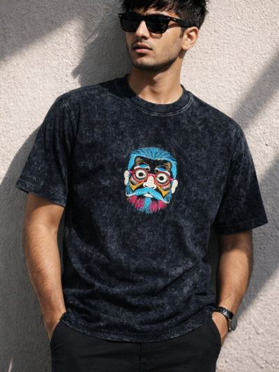 Black Acid Wash Abstract Face Graphic T-Shirt | Funky Streetwear Cotton Tee for Men & Women