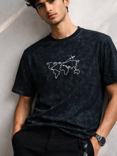 Black Acid Wash World Map Travel Graphic T-Shirt | Minimal Travel Theme Cotton Tee for Men & Women