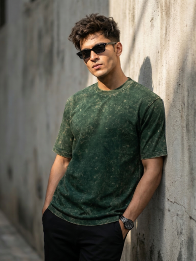 Olive Green Acid Wash T-Shirt | Premium Vintage Style Cotton Tee for Men