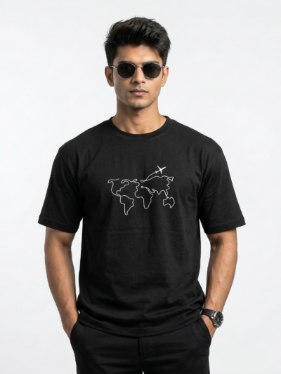 Black Minimal World Map Airplane Graphic T-Shirt | Travel Theme Cotton Tee for Men & Women