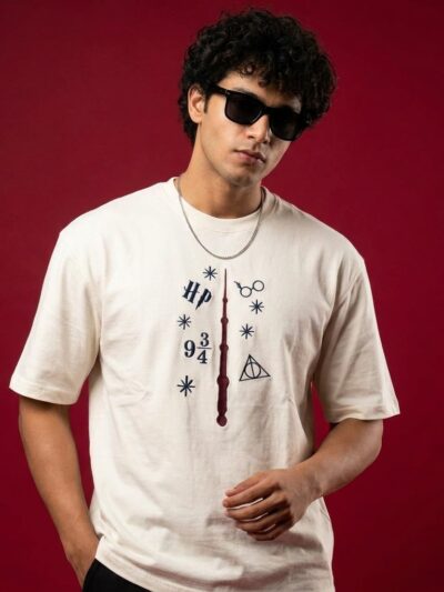 Harry Potter Hand-Embroidered Oversized Off-White T-Shirt | Stitch Studio Co.