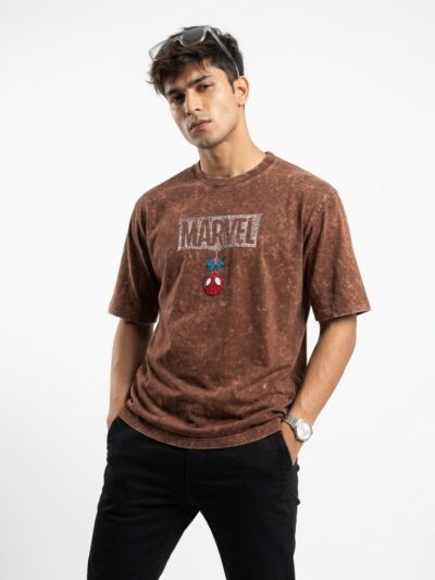 Brown Acid Wash Marvel Spider Graphic T-Shirt | Vintage Superhero Cotton Tee for Men & Women